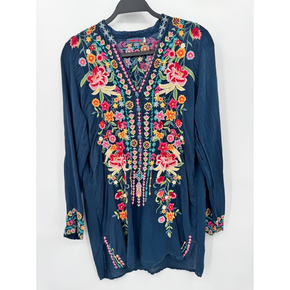 Johnny Was Tunic Women XS Navy Blue Floral Embroidered Cupra Rayon Boho C28519-0